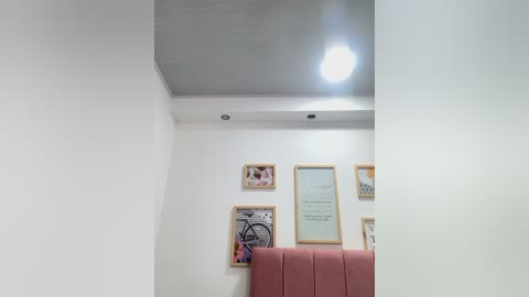 Media: Video of a minimalist room with a white ceiling, a round ceiling light, and a red upholstered headboard. Framed art and a bicycle wheel decor the white walls, creating a modern, clean aesthetic.