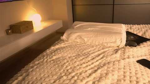 Media: Video of a modern bedroom with a white textured blanket, a white pillow, a black phone, and a book on the bed. A wooden nightstand with a warm lamp and a small box is against a black headboard.