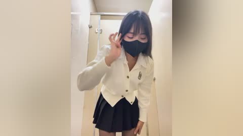 Media: Video of an East Asian woman with shoulder-length black hair, wearing a white blazer, black mask, and a black skirt. She adjusts her mask in a narrow hallway with beige walls.