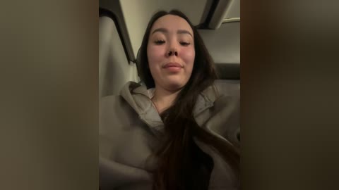 Media: Video of a young woman with long brown hair, wearing a gray hoodie, seated in a dimly lit car with beige interior. She has a neutral expression.