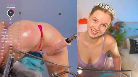 Media: Video of a young, fair-skinned woman with blonde hair, wearing a tiara, smiling, leaning over a bathtub, with a dildo inserted into her anus, pink thong visible.