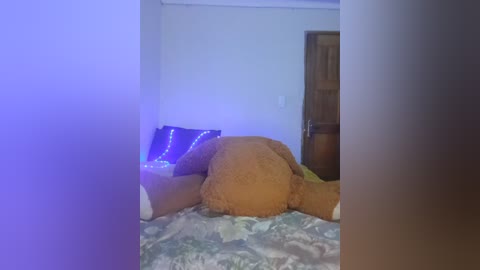 Media: Video of a teddy bear lying on a bed with a patterned quilt, in a dimly lit room with a closed wooden door and a glowing blue light.