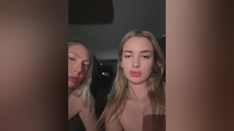 Media: Video of two blonde women, one in the foreground with pink lips and the other in the background, kissing in a dimly lit car, partially obscured by a headrest.