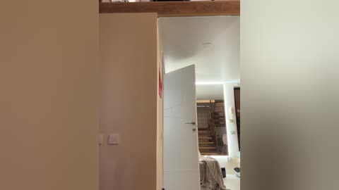 Media: Video of a minimalist, modern bathroom with beige walls, frosted glass door, wooden cabinet, and white fixtures.