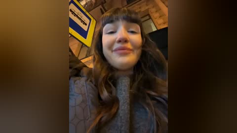 Media: Video of a young woman with long brown hair and bangs, smiling, wearing a gray sweater, indoors with wooden walls and a blue and yellow sign.