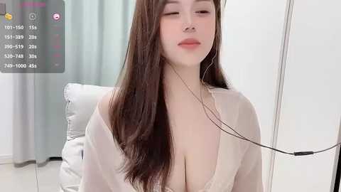 Media: A video of a fair-skinned woman with long brown hair, wearing a sheer, white robe, eyes closed, listening to music with headphones, in a minimalist room.