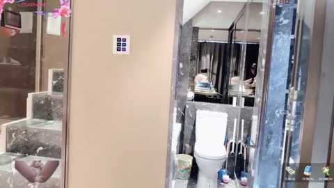 Media: Video of a modern, luxurious bathroom with a white toilet, glass shower, and beige walls. The reflection in the glass door shows a woman in a pink dress standing in front of a mirror.