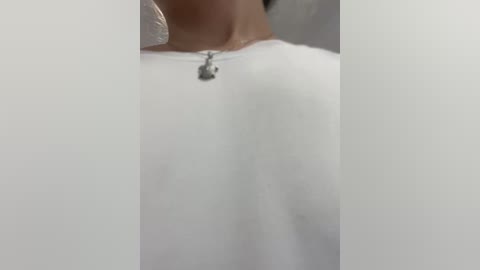 Media: A close-up video of a person's upper torso, wearing a white T-shirt with a silver zipper pull dangling from the neckline. The background is blurred, with a focus on the fabric's texture and the subtle sheen of the zipper.