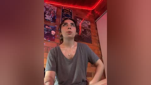 Media: Video of a young woman with light skin, dark hair, and a gray shirt, sitting in a dimly-lit room with red neon lights, posters on the brick wall, and a white board in the background.