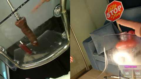 Media: Video of a person washing a large dildo in a metal sink, with a red, phallic-shaped bottle and a red light illuminating the scene.