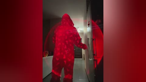 Media: A video of a person wearing a red, patterned bodysuit walking down a dimly lit hallway, casting a shadow on the wall. The setting is modern, with white walls and a glass door on the right.