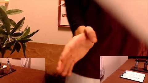 Media: Video of a person with light skin and short dark hair in a black long-sleeve shirt, gesturing with their right hand, in a dimly lit office with a wooden desk, a green plant, and a whiteboard in the background.