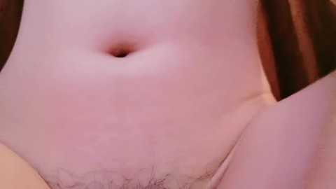 Media: Video of a close-up of a light-skinned, nude torso with a small, round belly button and a patch of pubic hair visible.