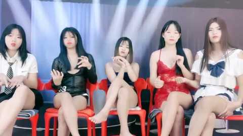 Media: Video of five Asian women, with varying styles of black and red lingerie, sitting on red plastic chairs, hands raised, in a studio with white curtains.