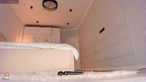 Media: Video of a minimalist, modern bedroom with a white bed, fluffy white carpet, beige walls, and recessed lighting. A black vibrator lies on the carpet, adding a stark contrast.