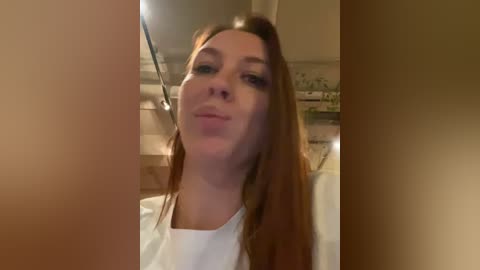 Media: Video of a young woman with long, straight, reddish-brown hair, fair skin, and a neutral expression, wearing a white shirt, standing in a dimly lit kitchen.