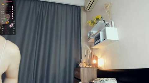 Media: A video of a modern bedroom with a white leather chair, gray curtains, a white floating shelf with yellow flowers, a small wooden cabinet, and an air conditioner.