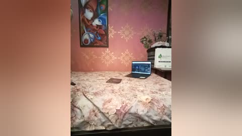 Media: A video of a cozy bedroom with a laptop on a floral-patterned bedspread against pink walls adorned with abstract art and a desk with a monitor, green plants, and a white box.