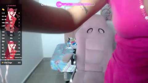 Media: A video showing a person in a bright pink dress and a white rabbit plush toy, taken in a room with a digital interface displaying a character's health and stats.