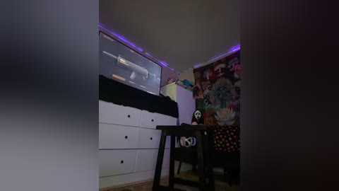 Media: A video of a dimly lit, colorful bedroom with a white dresser, a black chair, and a vibrant, patterned wall featuring a large, detailed painting. A purple LED strip lights the ceiling.