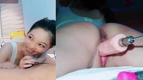 Media: A video of an Asian woman with dark hair, smiling, lying on a massage table. Another image shows her vagina being penetrated with a dildo. Both images are explicit.