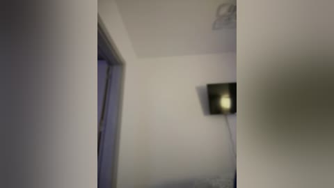 Media: A blurry video of a dimly lit, narrow hallway with white walls, a slightly open door on the left, and a mounted television on the right. The image is slightly out of focus, giving it a dreamy, surreal quality.