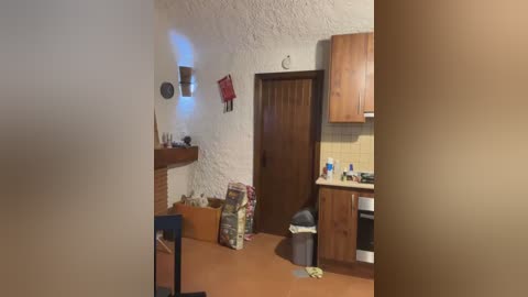 Media: Video of a cluttered, rustic kitchen with wooden cabinets, a door, a stove, a sink, a trash can, and a table with a decorative pillow, against a textured white wall.