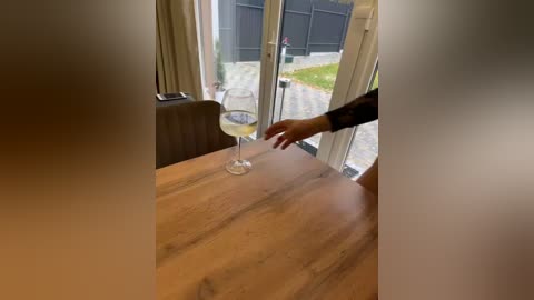 Media: A video showing a person in a dark jacket pouring a clear liquid into a wine glass on a wooden table. The background features large glass doors leading to a garden.