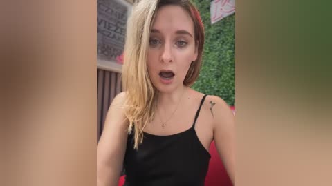 Media: A video of a young, fair-skinned woman with shoulder-length, blonde hair, wearing a black tank top, with a surprised expression, in a vibrant, red-cushioned room.