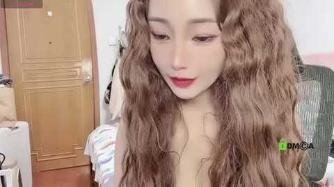 Media: Video of a young East Asian woman with voluminous, wavy, light brown hair and fair skin, wearing red lipstick, indoors with a wooden door and a white chair in the background.