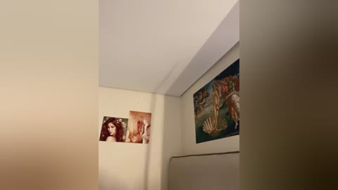 Media: Video of a dimly lit, beige-walled room with two framed posters: a vintage magazine cover featuring a brunette woman and an art print of a mermaid and a dolphin.