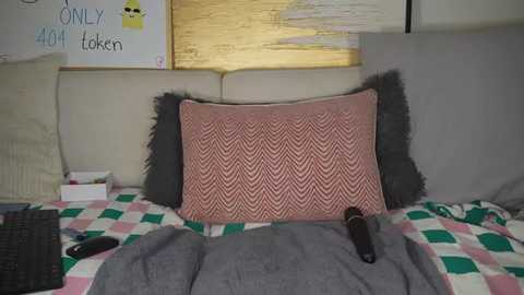 Media: Video of a bed with a pink and gray patterned pillow, gray blanket, and a black remote control on a checkered quilt. Background includes a white wall with a yellow and green poster.