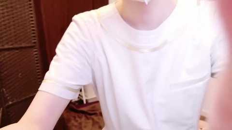 Media: Video of a person wearing a white short-sleeved shirt with a small pocket, standing indoors with a dark wicker basket and patterned carpet in the background.