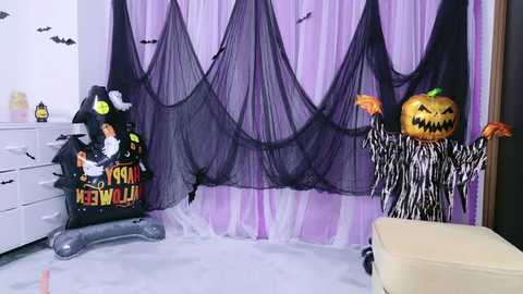 Media: A video of a Halloween-themed room with a purple and black draped backdrop, a pumpkin head, a witch hat, and a dog bed.