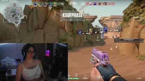 Media: Video collage of a young woman in a white tank top, headphones on, in a dark room, and a game screenshot of a purple-haired female with a sniper rifle in a desert environment.