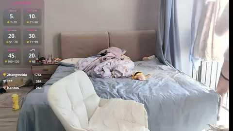 Media: Video of a messy bedroom with a bed covered in light blue bedding, a teddy bear, and a white chair. A smartphone screen displaying a temperature of 20\u00b0C is visible in the top left corner.