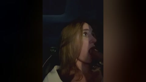 Media: A dimly-lit video of a Caucasian woman with light brown hair, seen in profile, in a car. She's wearing a white shirt, and her mouth is slightly open, suggesting she's talking or singing.