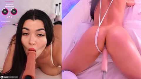 Media: Split photo: left, topless Asian woman with long black hair, performing oral sex; right, close-up of her bare, curvy buttocks with a pink dildo inserted.