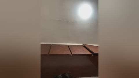 Media: Video of a dimly lit room with a ceiling light shining brightly, highlighting three wooden drawers on a brown wooden desk. The walls are plain beige, creating a simple, minimalist atmosphere.