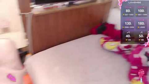 Media: A blurred video shows a pink plush toy and a wooden dresser in a dimly lit room, with a video game interface in the corner.