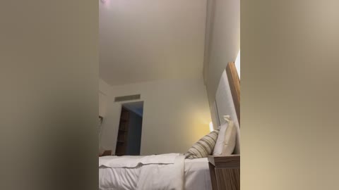 Media: Video of a minimalist, beige-walled bedroom with a small bed, white bedding, a wooden headboard, and a bedside lamp. A partially open door leads to another room.