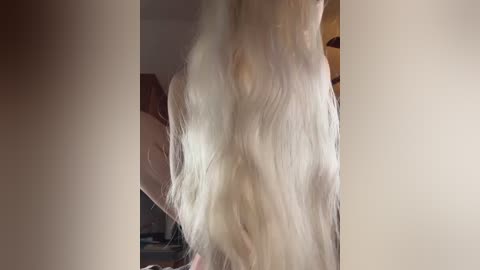 Media: A video showing the back of a nude, slender woman with long, wavy, platinum blonde hair cascading down her back. The background is blurred, featuring a wooden surface and a hint of a room with soft, natural lighting.