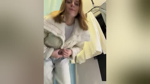 Media: Video of a young, smiling woman with shoulder-length blonde hair, wearing a white jacket and jeans, adjusting a white handbag in a dimly lit, cluttered room with a yellow and black garment hanging nearby.