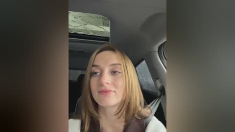 Media: Video of a young Caucasian woman with straight blonde hair, fair skin, and light makeup, smiling slightly, seated in a car with a gray interior.