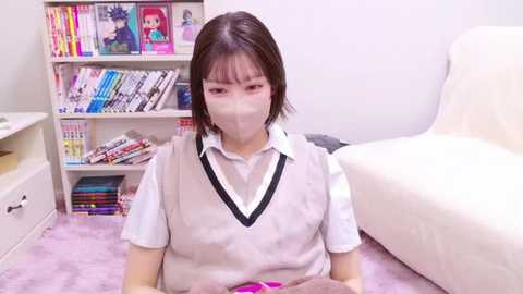 Media: Video of an East Asian woman with straight black hair, wearing a white mask, a light gray V-neck sweater over a white shirt, and a pink skirt, sitting on a pink carpet. Background features a white chair, a bookshelf with manga, and a bed.