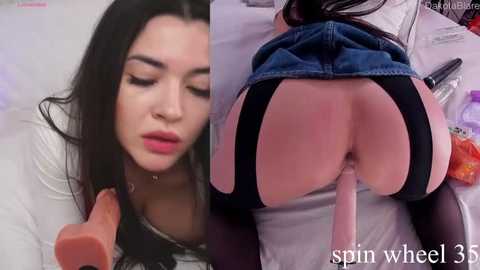 Media: Video collage: Left, young woman with long dark hair, eyes closed, holding a vibrator; Right, rear view of a woman in black lingerie, bent over, dildo inserted.