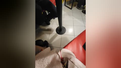 Media: Video of a black dog wearing a red collar, lying on a white towel on a red and black tiled floor, with a black metal pole in the background.