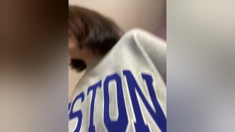 Media: Video of a person wearing a gray sweatshirt with \"STON\" in blue letters, blurred face, and indistinct background.