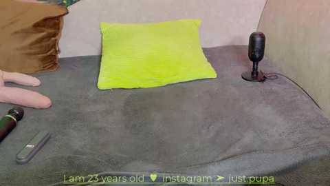 Media: Video of a cozy, gray-fabriced couch with a bright yellow pillow and a black, vintage-style microphone on a stand. A hand with a brown bag rests on the left.