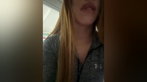 Media: A video of a woman with long, straight blonde hair, wearing a grey zip-up hoodie, partially visible mouth, blurred background.